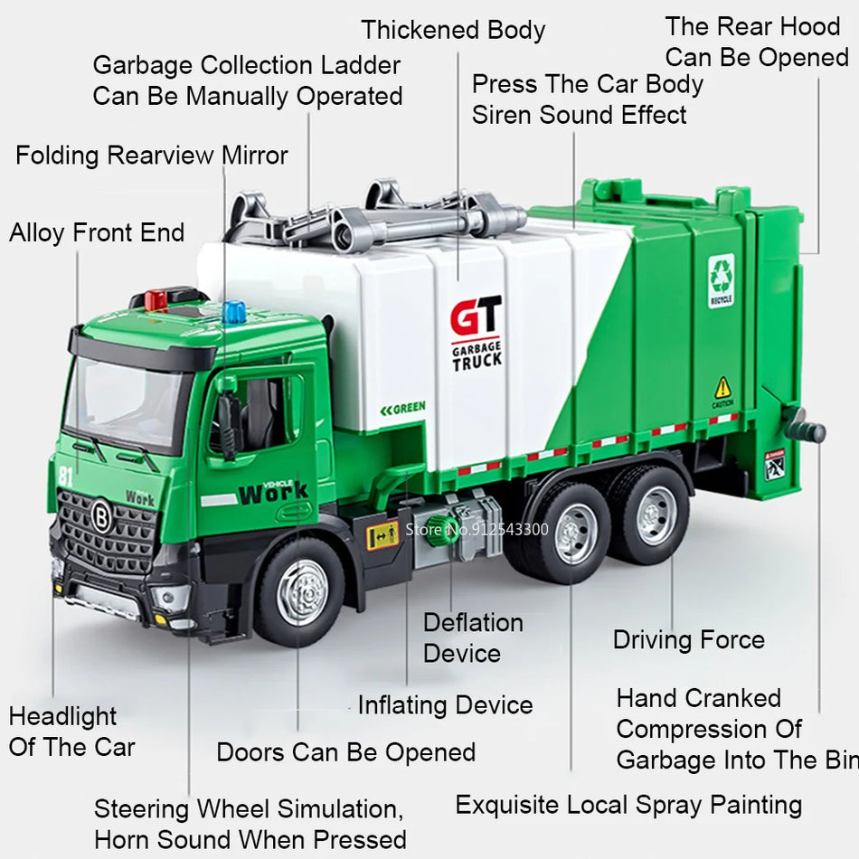 Camion de gunoi din metal diecast pentru DUFFDUN 1:24 cu sunet și lumini