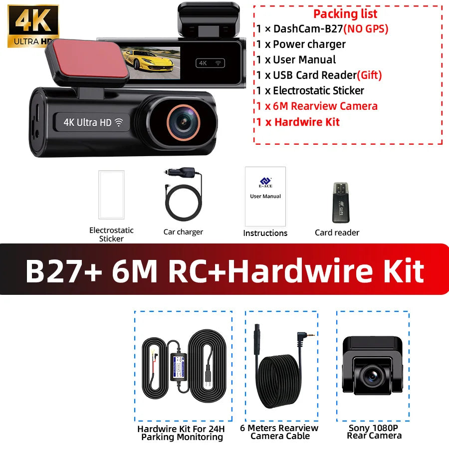 ACCEO Dash Cam WIFI GPS Mini Car DVR &ndash; 4K Front Dual With 6M RC-KIT / 32G