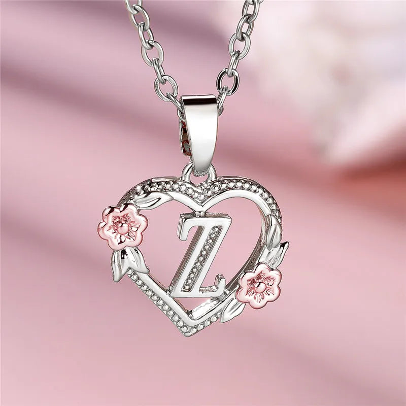 Charming Silver A-Z Letter Flower Pendant Necklace for Women Z