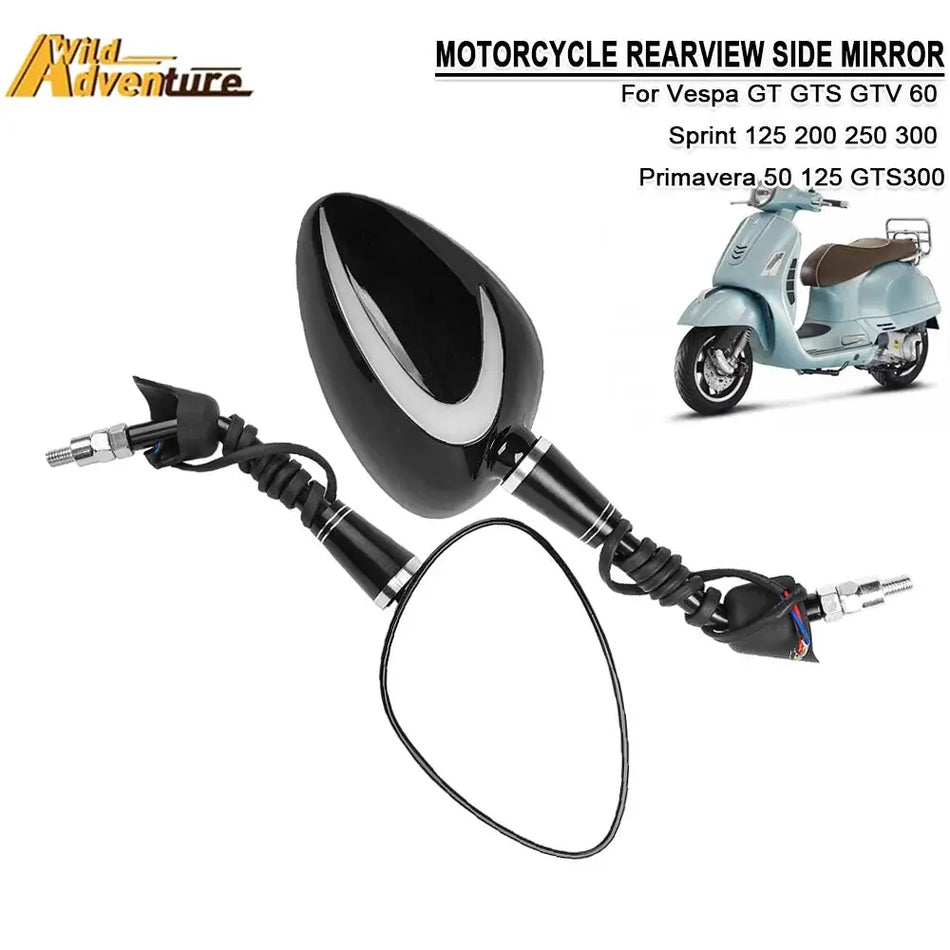 For Vespa GT GTS GTV 60 Sprint 125 200 250 Primavera 50 125 GTS300 Motorcycle Side Rear View Mirror Rearview Mirror with Light by InterCyprus Trading Ltd