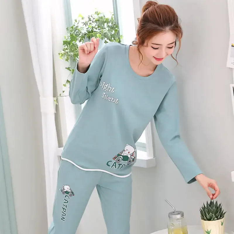 Autumn Thin 2-Piece Pajama Set - Round Neck &amp; Cartoon Style for Women