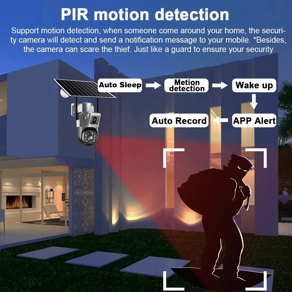 8MP 4K Solar Camera Dual Lens HD Night Vision Safety Protection Built-in Battery PTZ Surveillance 4G Camera Security CCTV