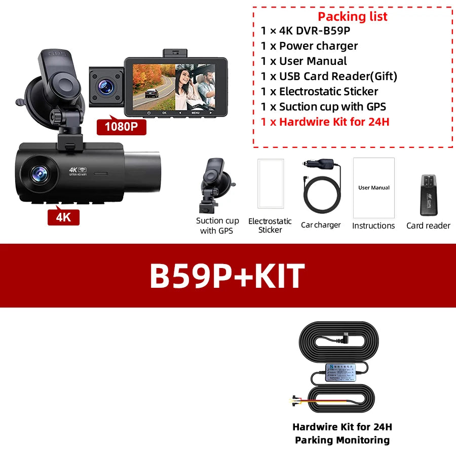 ACCEO 4K Dashcam Auto 3 Channel Car DVR &ndash; WiFi GPS Parking B59P KIT / 128G
