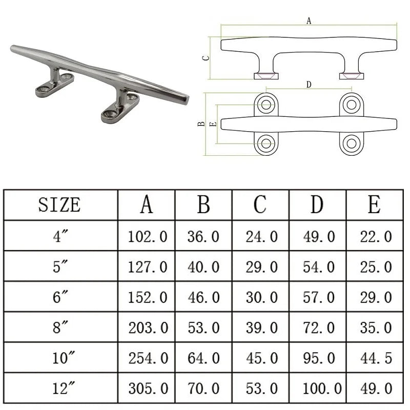 AISI 316 Deck Cleat 4-12 Inch &ndash; Marine Grade Resistant