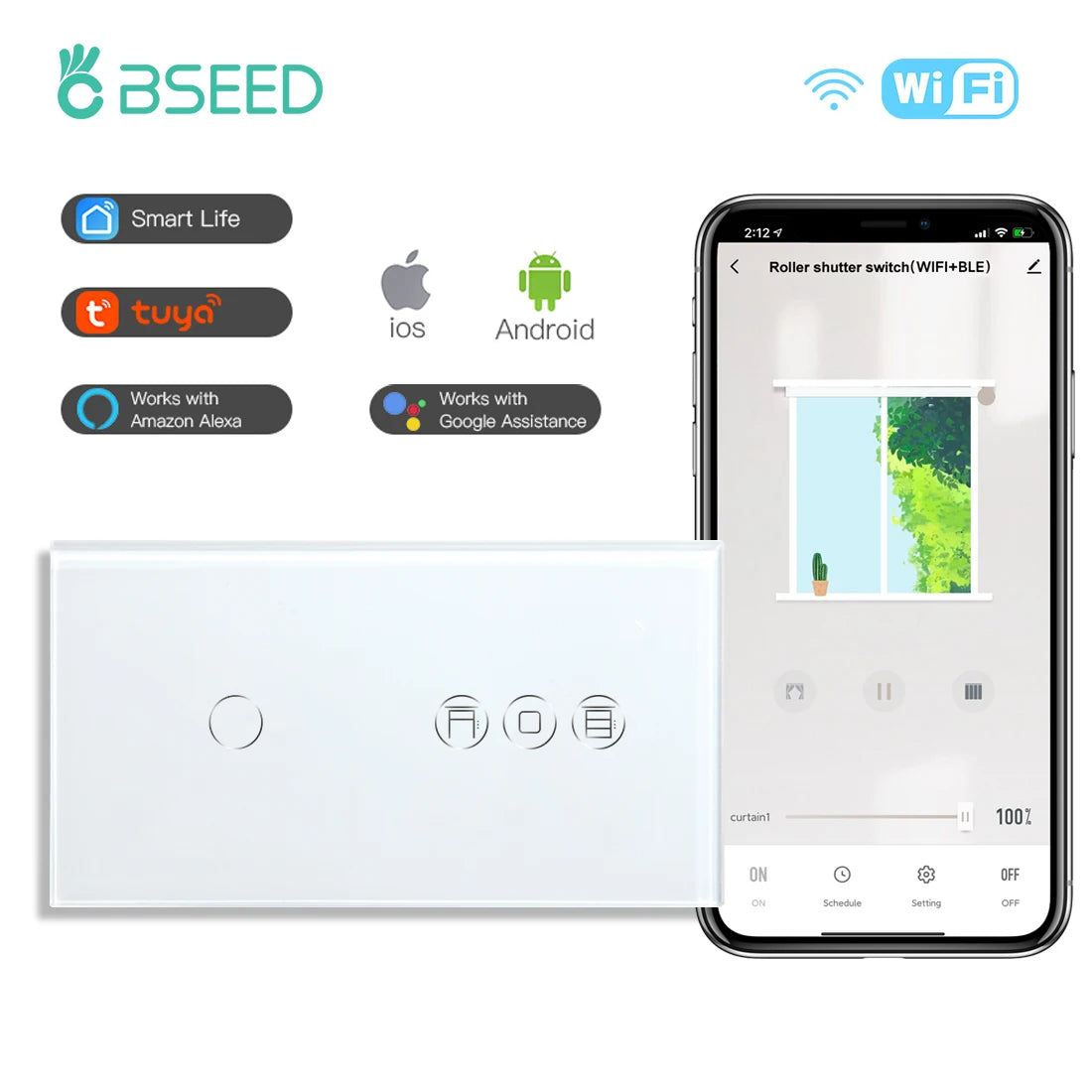 BSEED Smart Wifi Roller Shutter Switch with Voice Control Wifi 1Gang White / EU standard