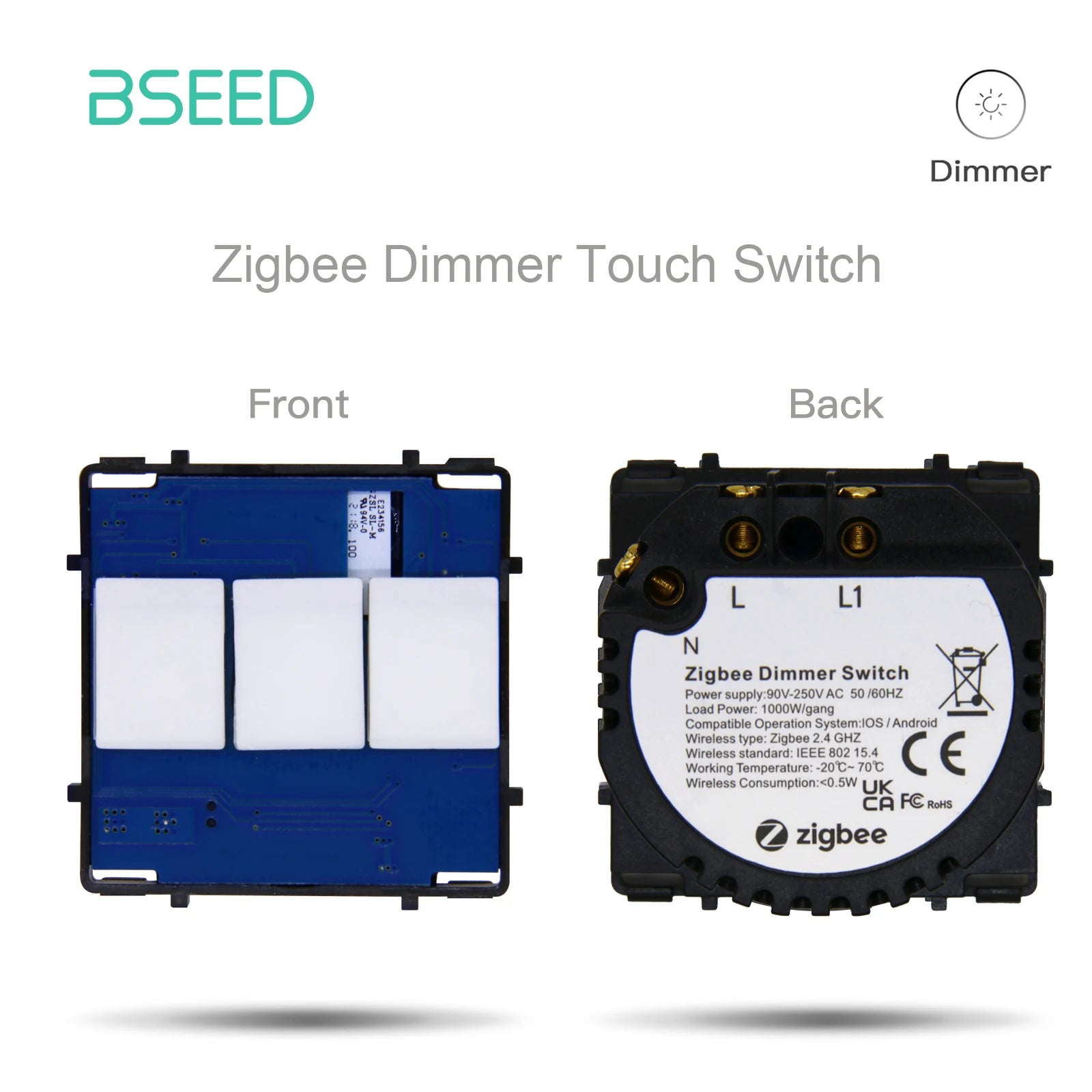 BSEED Zigbee Touch Smart Light Switch - 1/2/3 Gang Control Zigbee Dimmer Part / EU standard