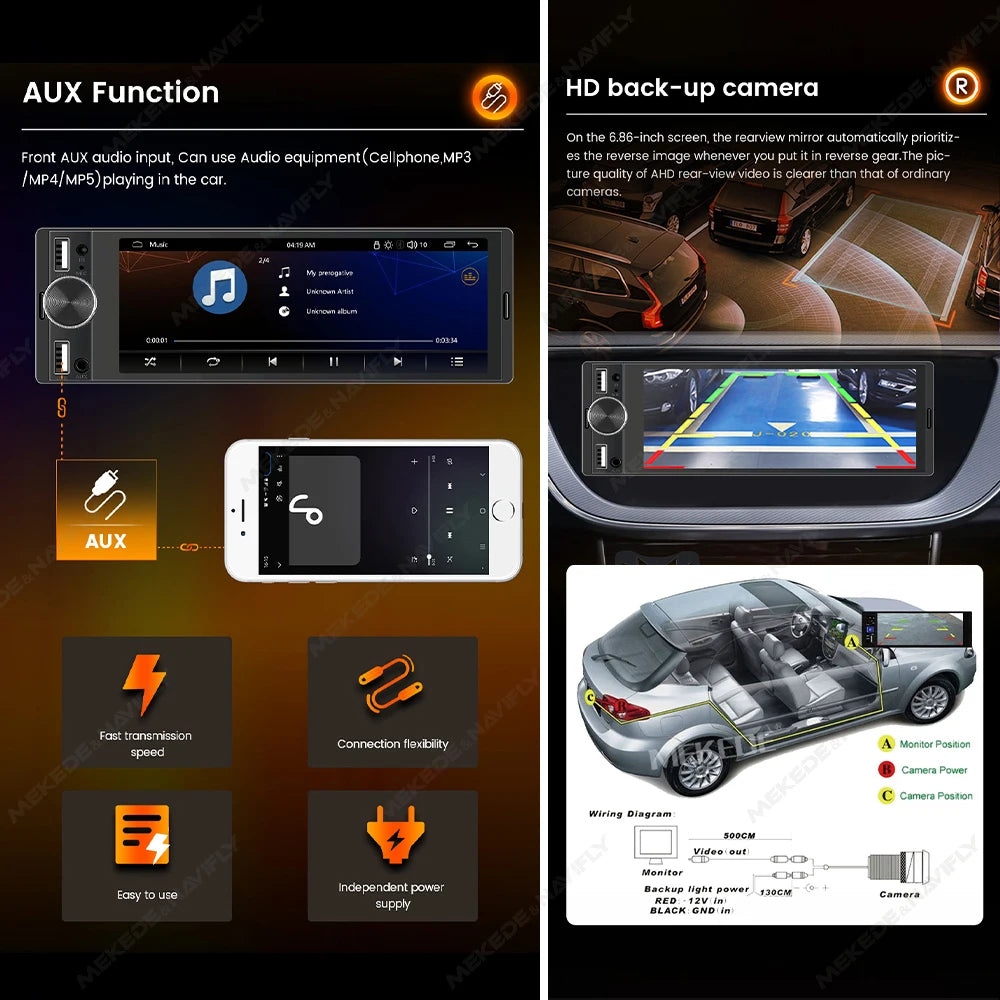 MEKEDE 6.86" 1Din Carplay Android Auto Radio with BT, USB, and FM Stereo