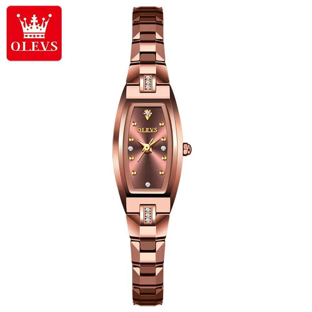 OLEVS Elegant Diamond Quartz Watch for Women with Tonneau Tungsten Steel Band ROSE