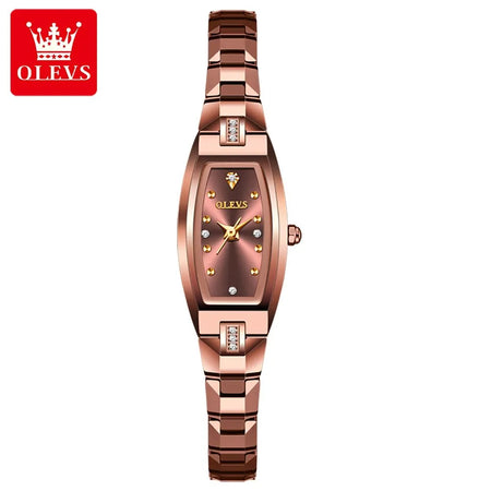 OLEVS Elegant Diamond Quartz Watch for Women with Tonneau Tungsten Steel Band ROSE