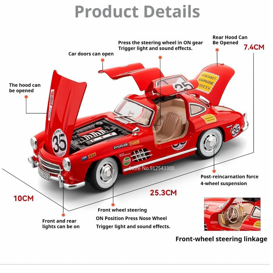Model de mașină din metal turnat pentru Mercedes-Benz 300SL cu sunet și lumini