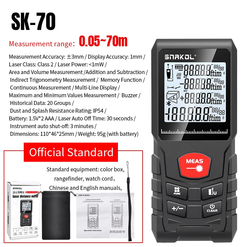 SNAKOL Professional Laser Distance Meter with Range Options up to 120m SK-70