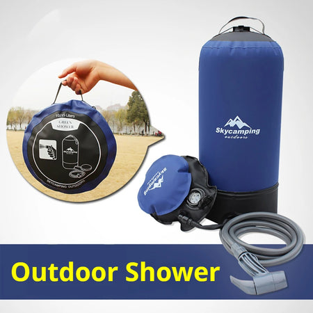 Portable Outdoor Shower with Foot Pump | Lightweight Inflatable Pressure Water Bag for Camping &amp; Beach | 11L Capacity