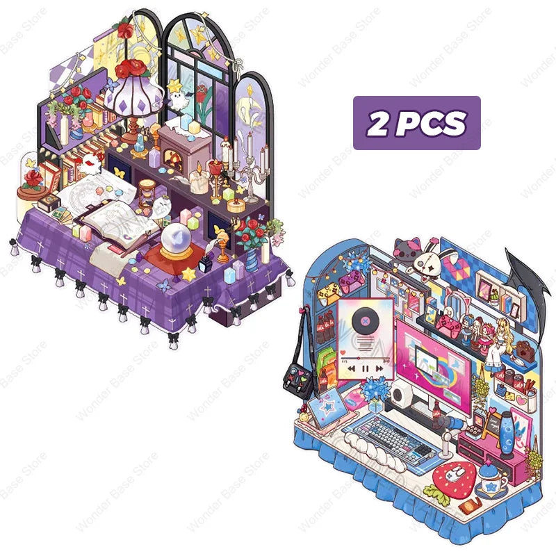 3D DIY Plus Size Corner Desk Miniature Sticker Set for Creative Play 2PCS A