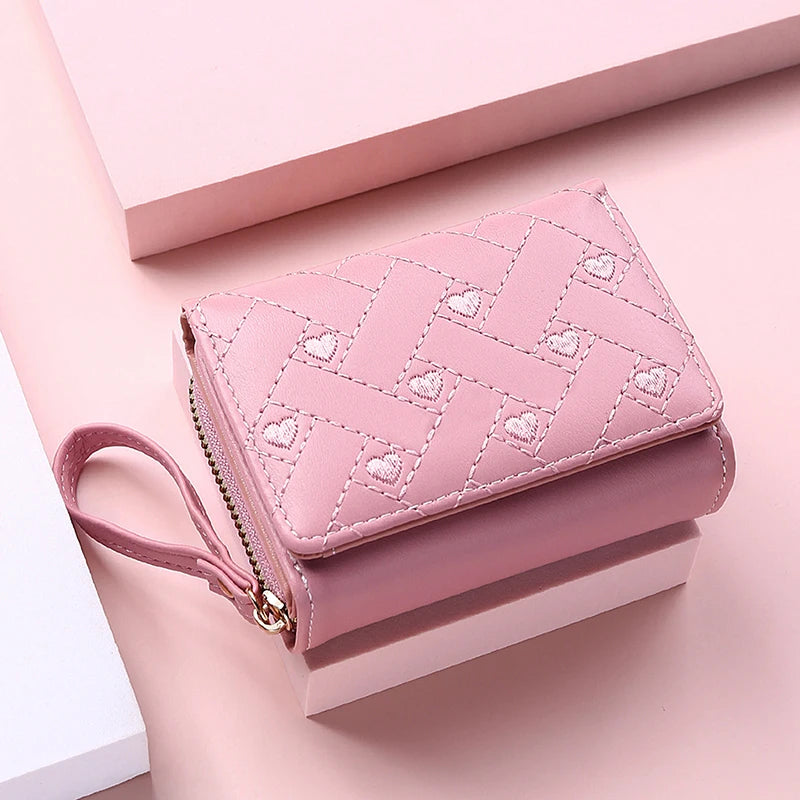Korean Minimalist Embroidered Love Pattern Tri-Fold PU Wallet for Women Pink