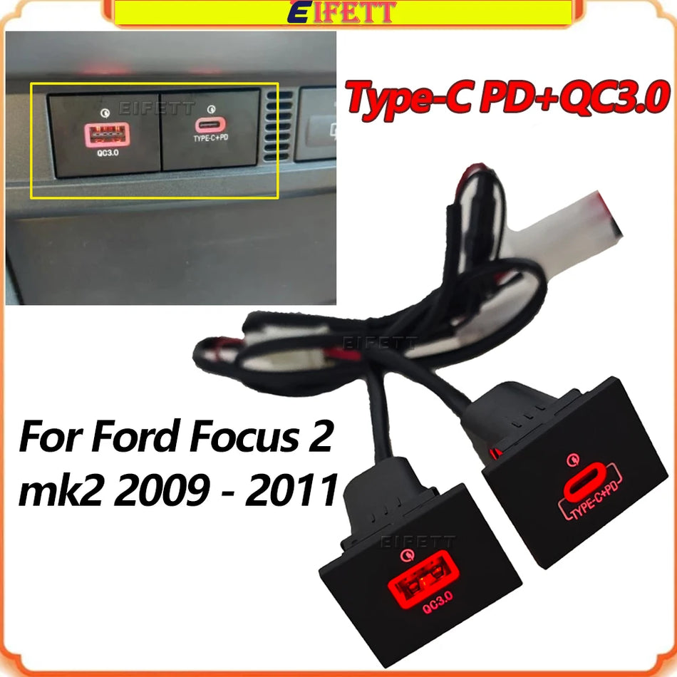 Prise de chargeur USB PD QC3.0 pour Ford Focus 2 Mk2 avec LED rouge