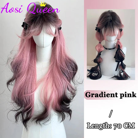 AosiQueen Black Pink Ombre Long Wavy Synthetic Wig with Bangs for Cosplay Silver