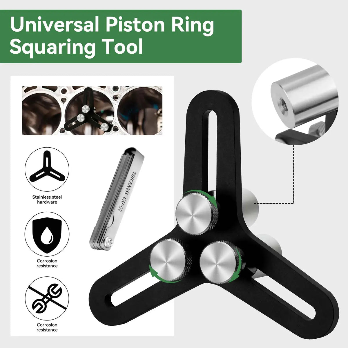 7075 Billet Aluminum Engine Piston Ring Squaring Tool Compatible for 2" to 5" Bore And Gap with 32 Blades Feeler Gauge Gap Measu by InterCyprus Trading Ltd