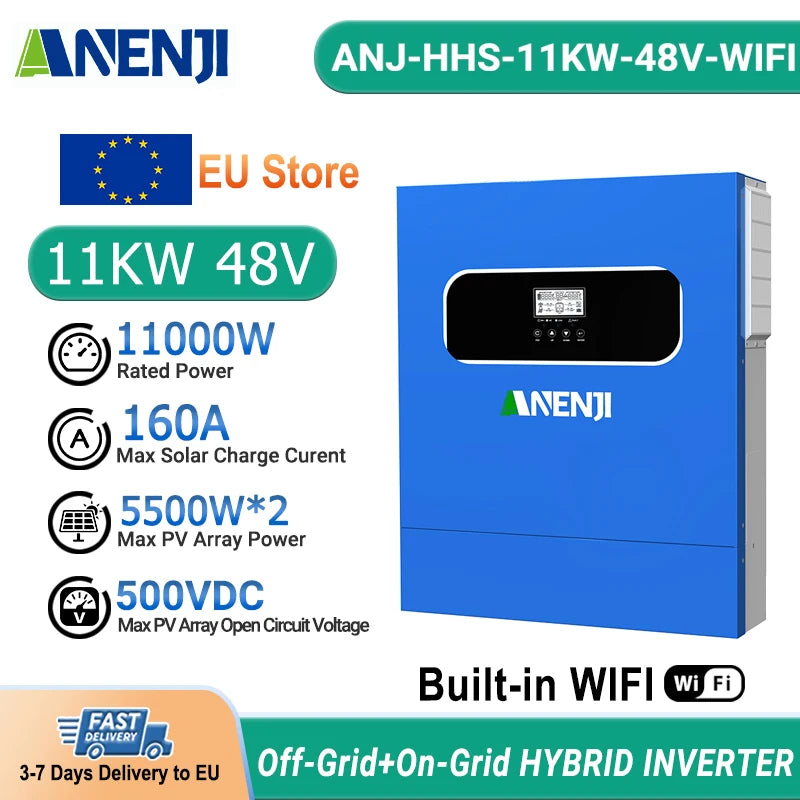 ANENJI 11KW 48V Hibrit Güneş İnvertörü Çift MPPT, 160A Şarj Cihazı, Dahili WiFi, Saf Sinüs Dalga, PV Girişi 500V