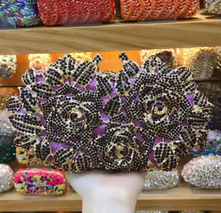 Elegant Golden Silver Crystal Minaudiere Clutch Bag for Women purple