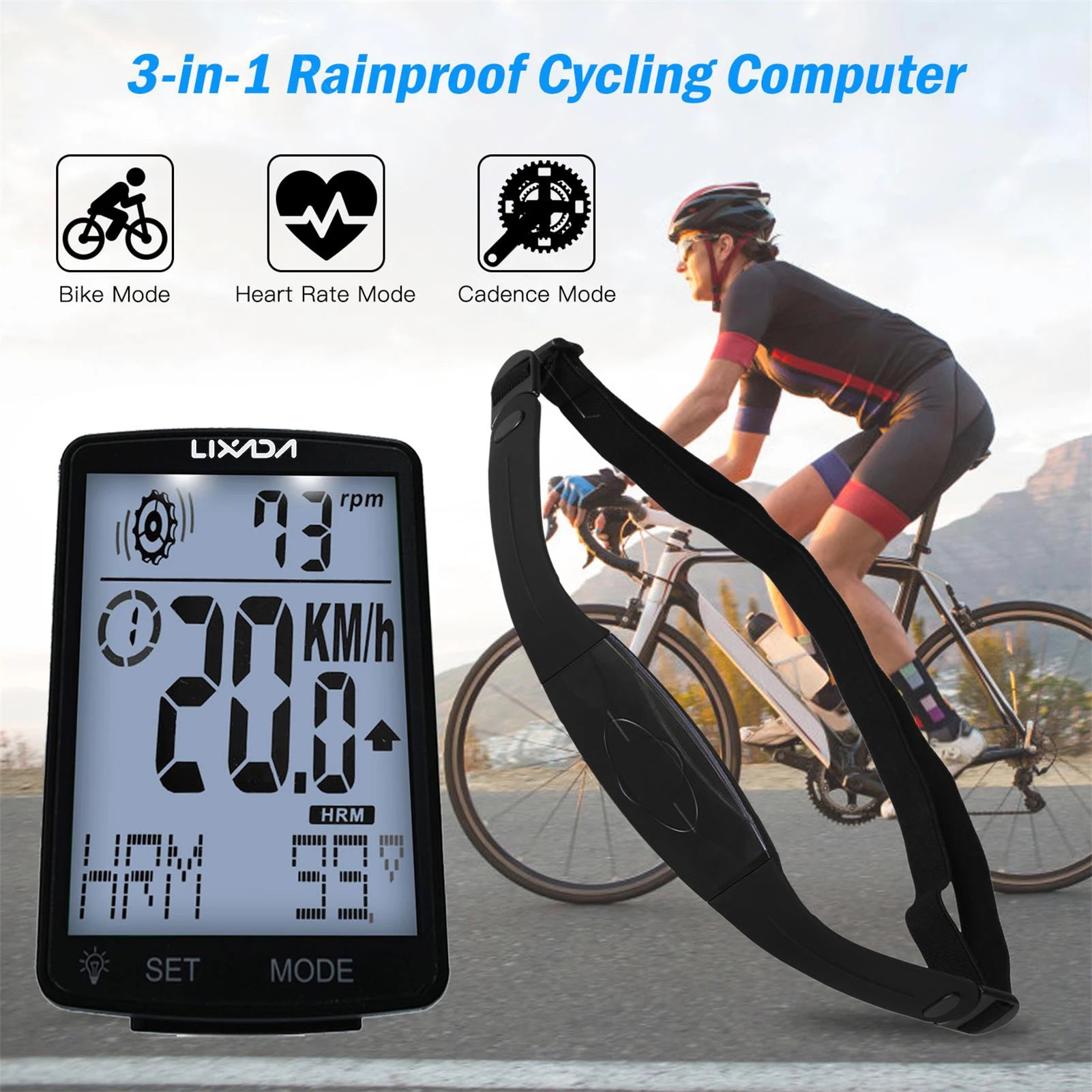 LIXADA 3 In 1 Wireless Bike Computer &ndash; Heart Rate Sensor