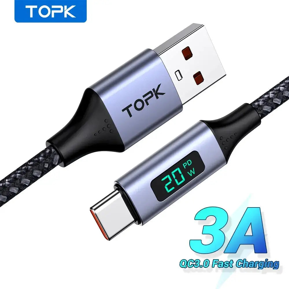 TOPK Micro USB Cable USB Type C Cable 3A for Samsung Xiaomi Fast Charging USB C With Digital Display Mobile Phone Cable by InterCyprus Trading Ltd