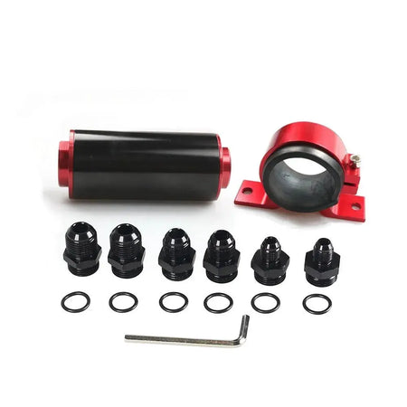 Universal 100 Micron Inline Fuel Filter Kit with 6AN 8AN 10AN Adapters & 50mm Mounting Bracket & Wrench Cleanable Black/Red by InterCyprus Trading Ltd