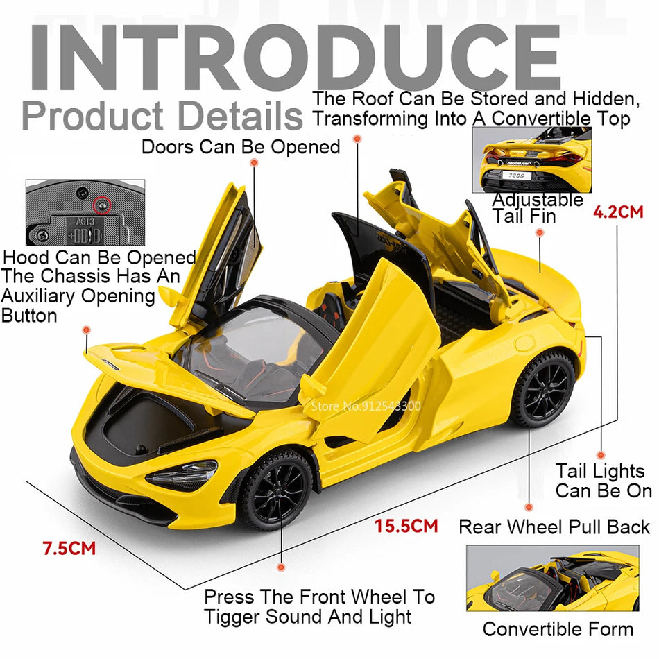 Model de mașină din metal la scară 1:32 720S 765LT cu sunet și lumini, ușile se deschid.