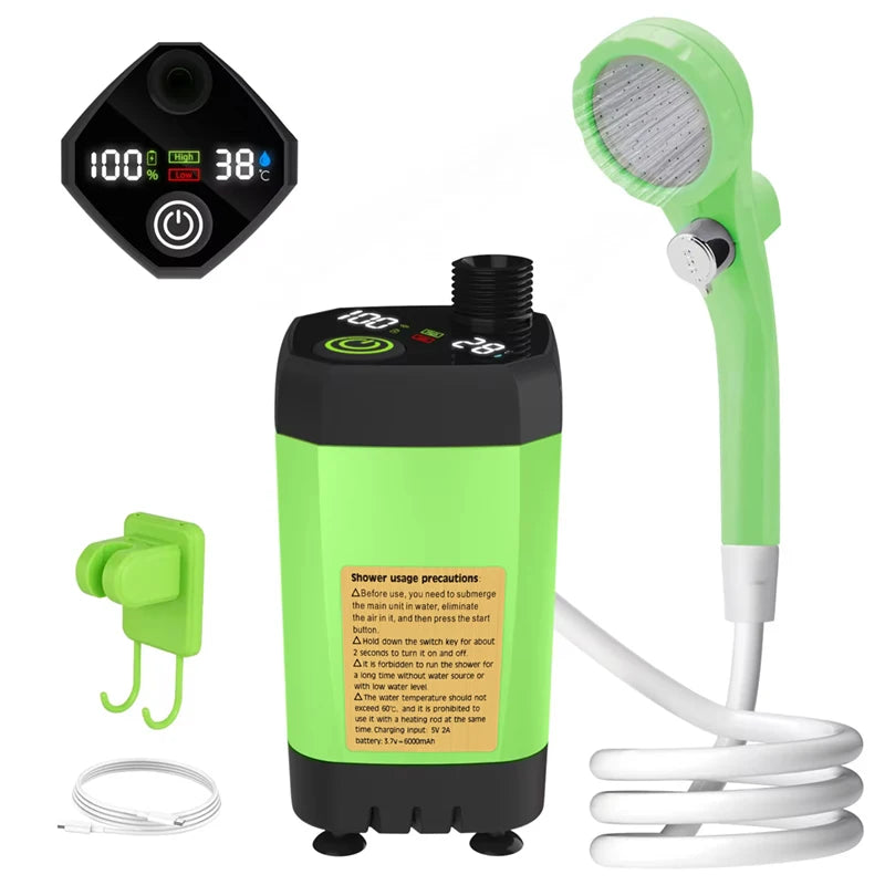 6000mAh Portable Camping Shower Pump - Digital Display green