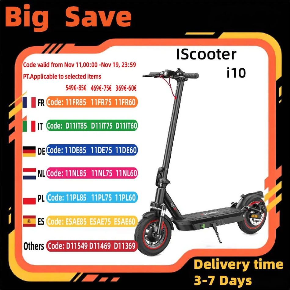 ISCOOTER I10 Ηλεκτρικό Σκούτερ Με Κινητήρα 650W, Μπαταρία 36V, Ελαστικά Δρόμου 10 Ιντσών