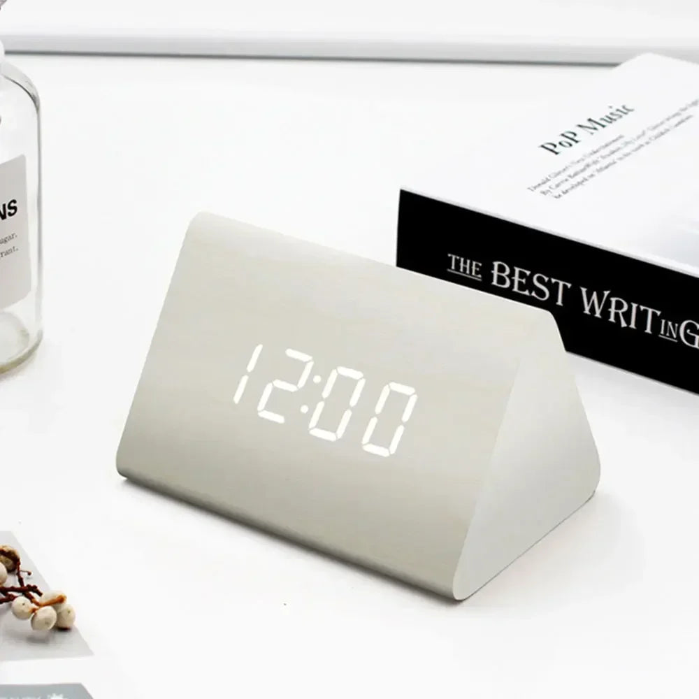 Sleek Wooden Digital Alarm Clock with Voice Control and USB Charging White Triangle