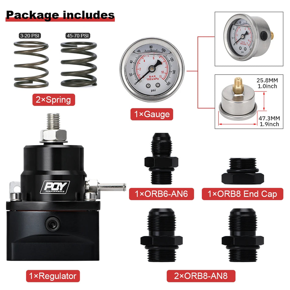 Regulator de combustibil din aluminiu universal cu alimentare AN8 și retur AN6, 3-70 PSI