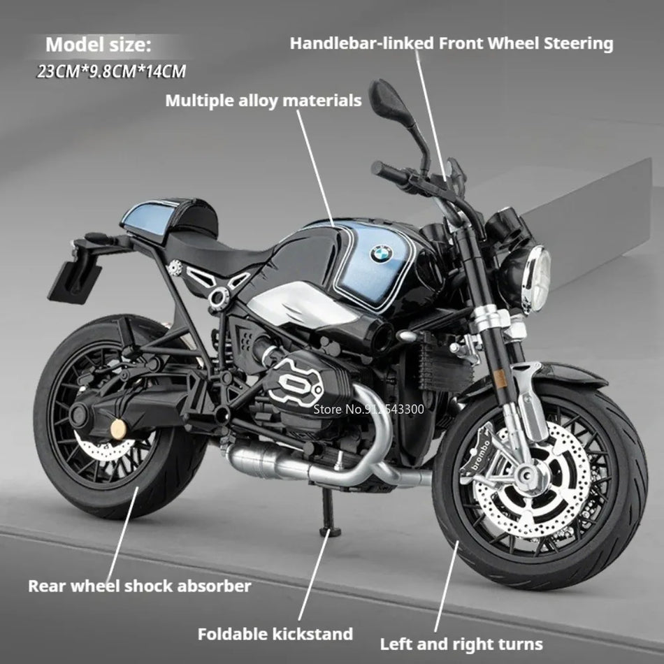 Model motocikla v merilu 1:9 iz diecast materiala z povezanim krmiljenjem in aluminastim rezervoarjem za gorivo