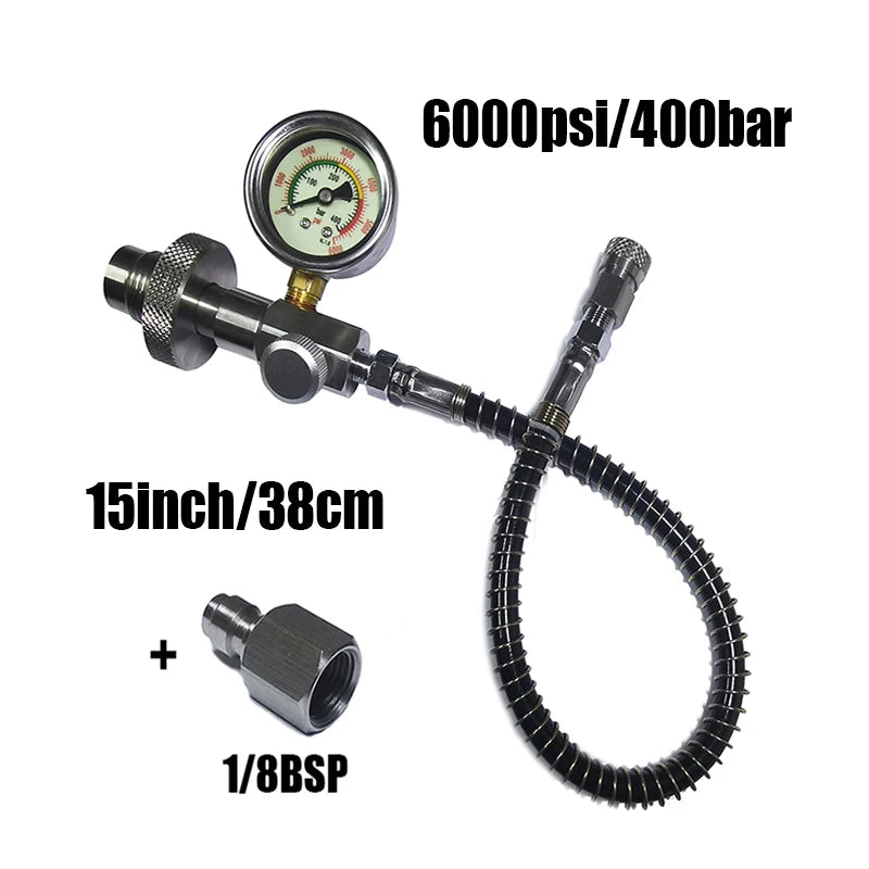 HPA Air Diving DIN G5/8 Fill Station Adapter with Stainless Steel Gauge 15inch Hose BSP QD