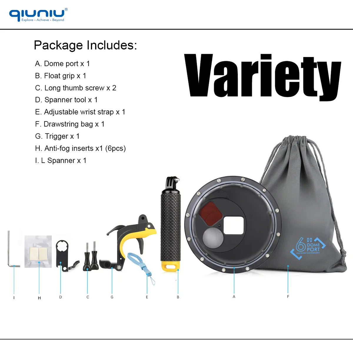 QIUNIU 45m Waterproof Dome Port for GoPro Hero 9-13 with Switchable Filters Variety