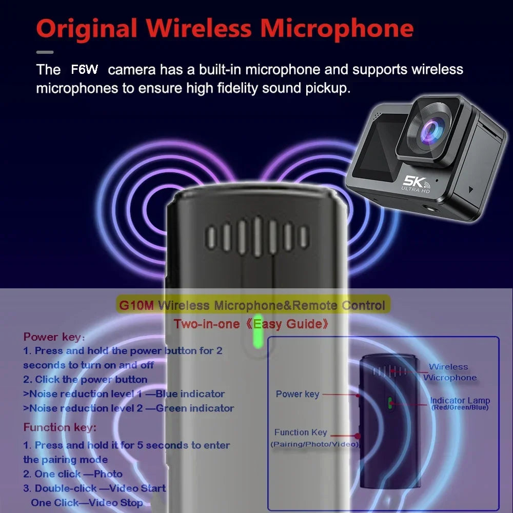 F6W Wireless Mic Action Camera &ndash; 5K Ultra High Definition with Dual Screen