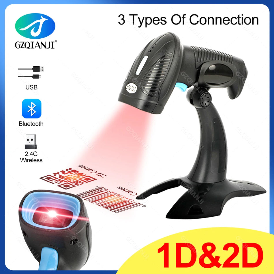 Ročni 1D 2D QR čitalnik črtnih kod, brezžični 2.4G Bluetooth, PDF417 DM koda