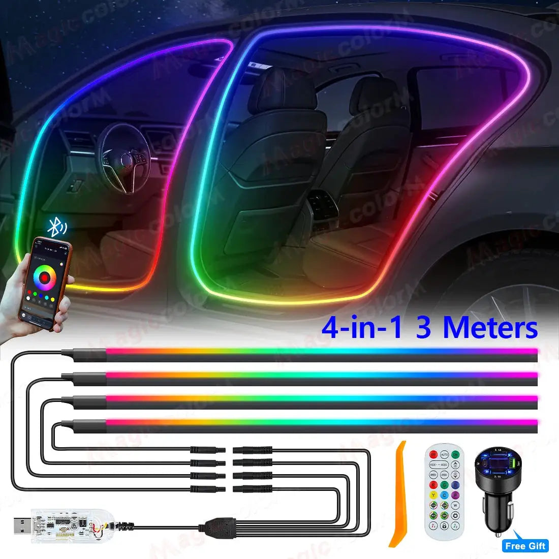 3Meters 4M Symphony Car Door Frame Ambient Lights Universal RGB LED Acrtlic Strips APP Bluetooth Remote Control USB Plug & Play by InterCyprus Trading Ltd