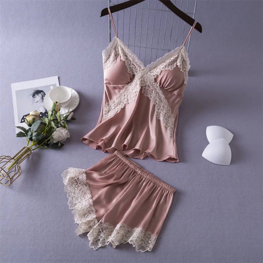 Sexy Lace Lingerie Set for Women - V-Neck, Sleeveless, Summer Wear pink / XL