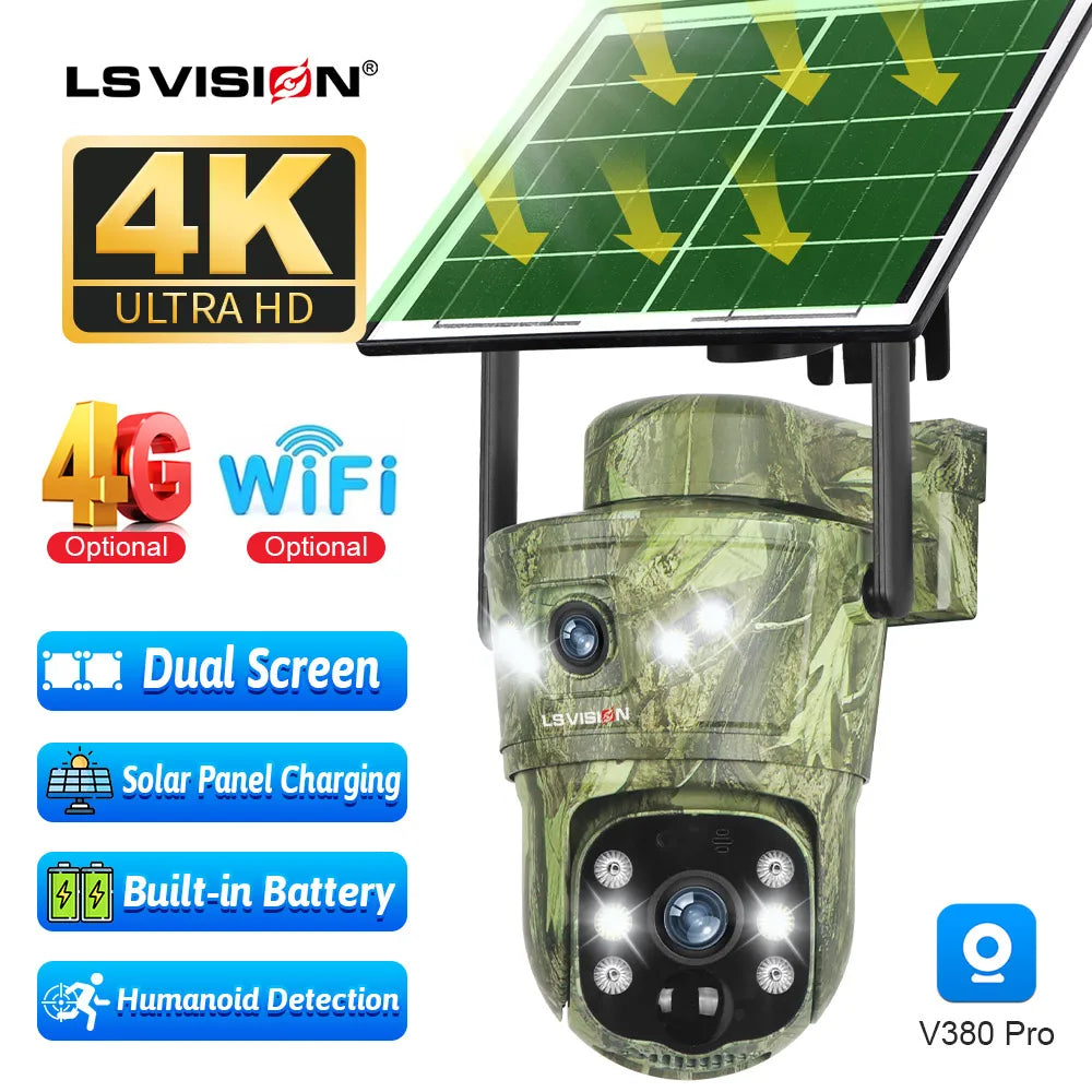 LS VISION 8MP Dual Screen Solar Camera Outdoor 4G/WiFi PTZ PIR Detection 2-Way Talk Waterproof Surveillance Cameras V380 Pro App