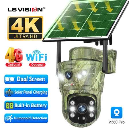 LS VISION 8MP Dual Screen Solar Camera Outdoor 4G/WiFi PTZ PIR Detection 2-Way Talk Waterproof Surveillance Cameras V380 Pro App