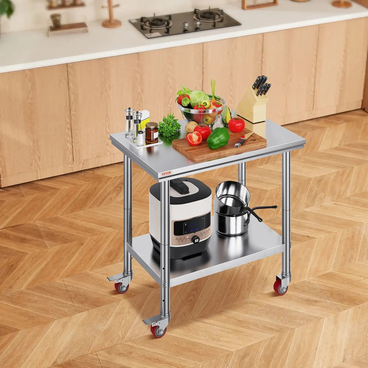 Stainless Steel Work Table With Caster Wheels And Shelves