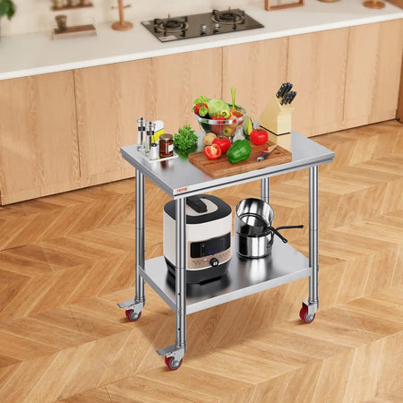 Stainless Steel Work Table With Caster Wheels And Shelves