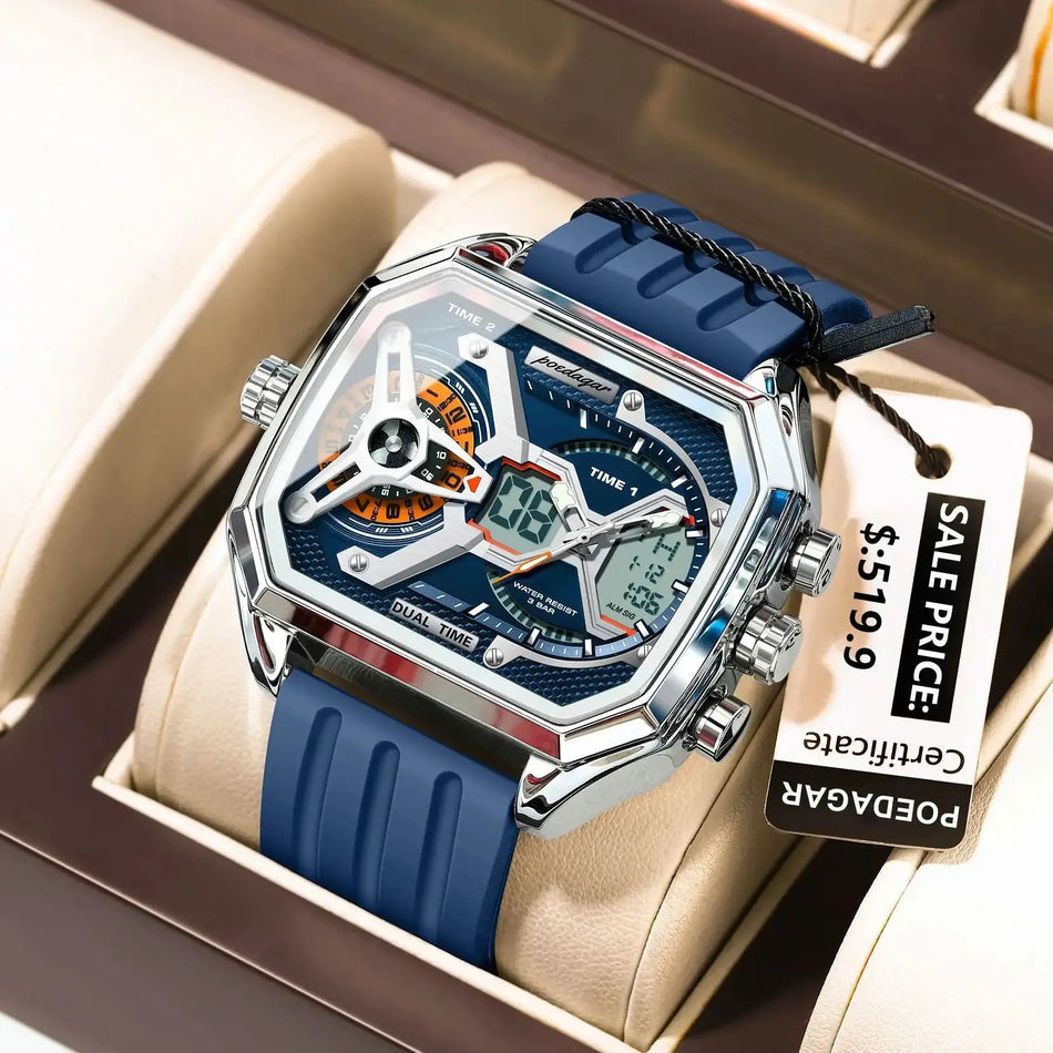 Luxury LED Calendar Week Wristwatch For Men, Rectangular Silicone Strap, Quartz