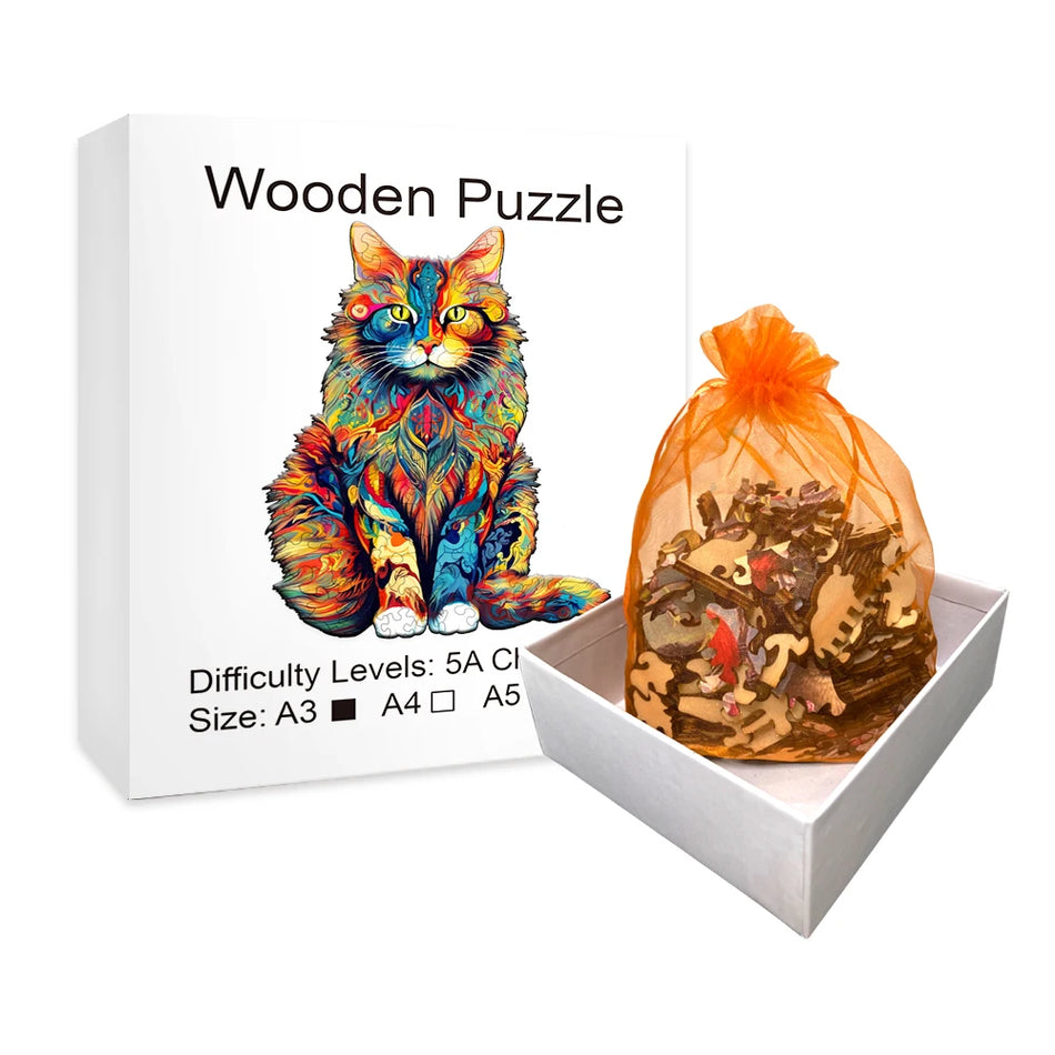 Wooden Jigsaw Puzzle - Colored Cat &amp; Peacock Design - Creative Intelligence Toy for Adults and Kids 14+