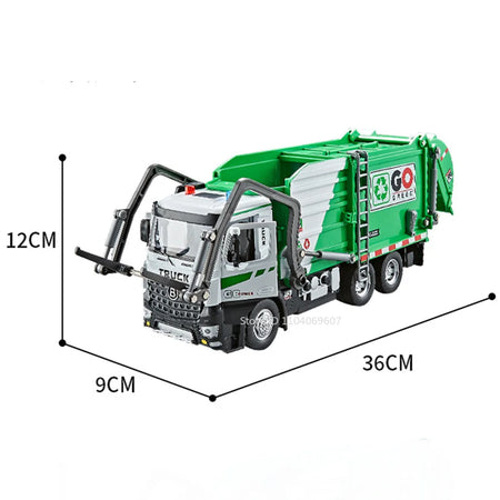 1:18 Model Toy Electric Sanitation Garbage Trucks Metal Diecast Alloy Crane Sound Light Doors Opened Engineering Vehicle Gifts Garbage Truck Green