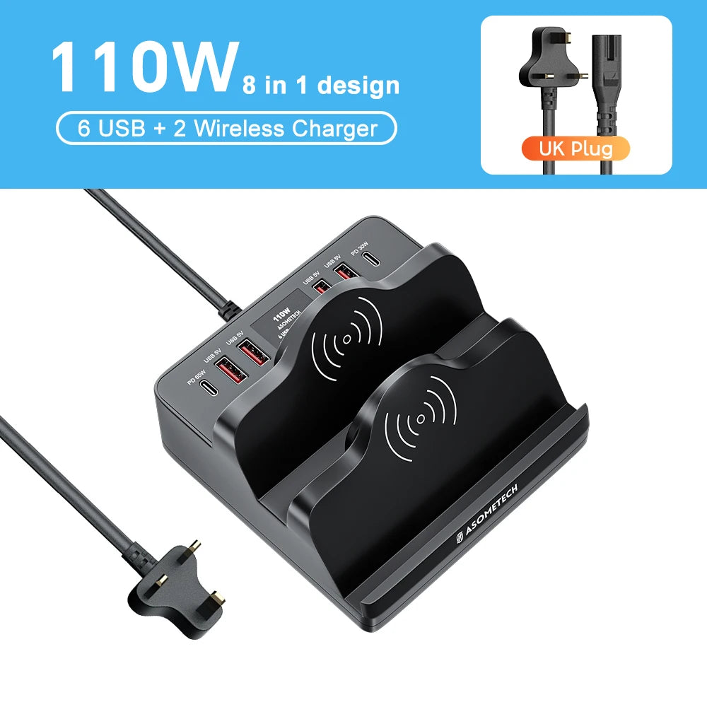 ASOMETECH 110W 6 Port USB Charger Station &ndash; Dual Fast Wireless Charging UK Plug