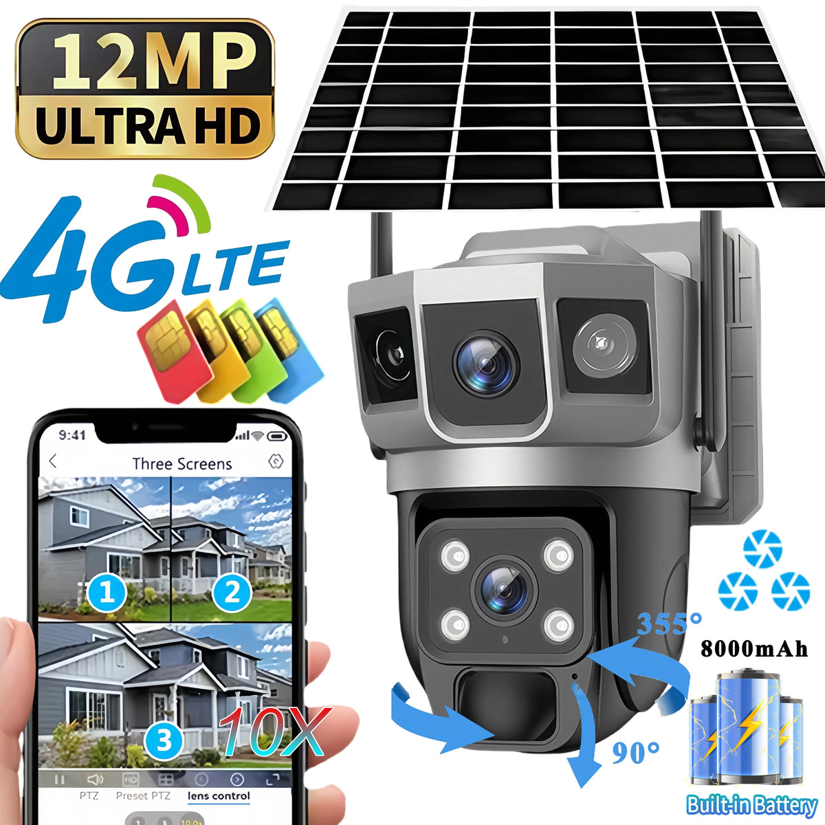V380Pro 12 MP Solar 4G IP Camera Security CCTV Three Screen Auto Tracking Outdoor waterproof 6K Security Surveillance PTZ Camera