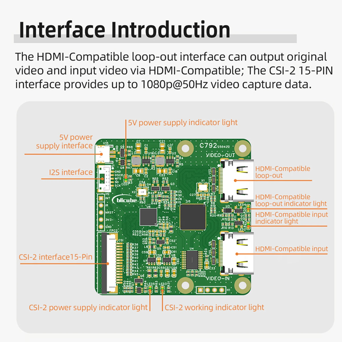 C792 HDMI Compatible to CSI and I2C Bridge Adapter &ndash; 4K at 60Hz Loop Out