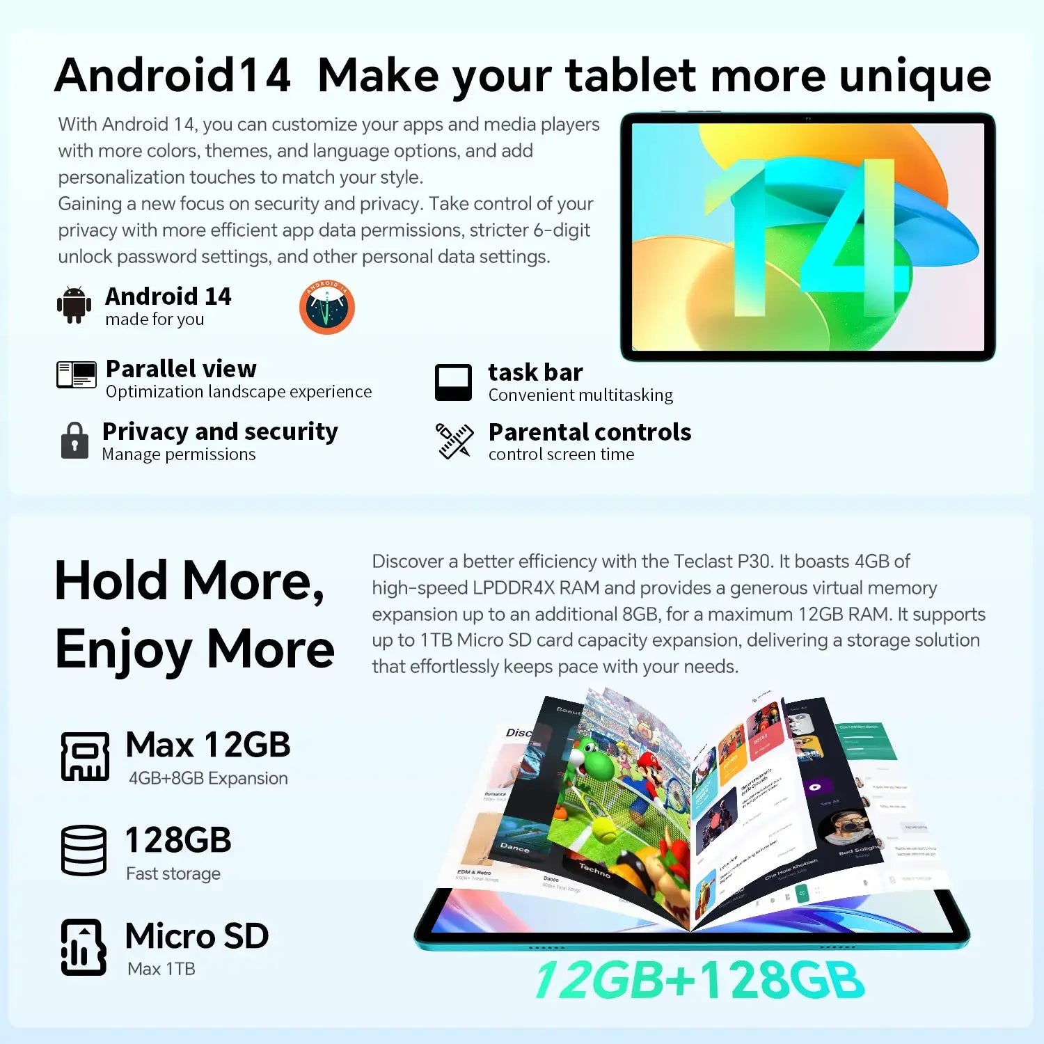 Teclast P30 Android 14 Tablet 10.1 Inch IPS 12GB RAM 128GB