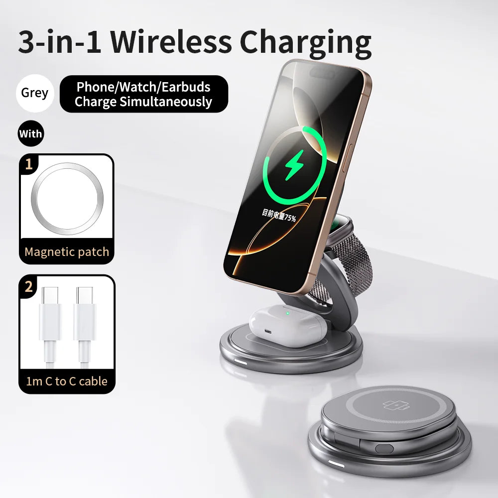 CrownQu 3 In 1 Magnetic Wireless Charger &ndash; Fast Charging With 360 Degree Rotation Gray